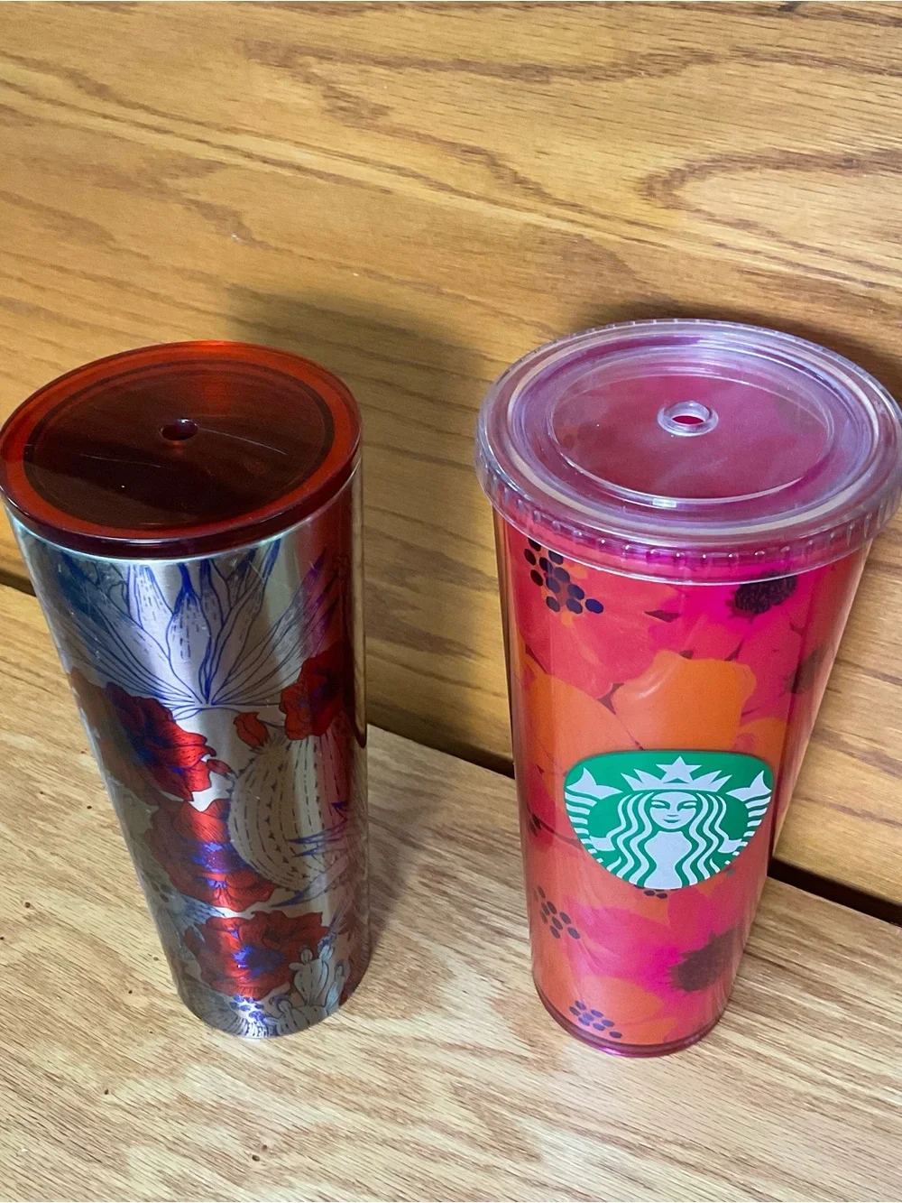 Starbucks Set 2 Venti Tumblers Cactus Floral Metal + Poppy  Reusable Cup 24 oz